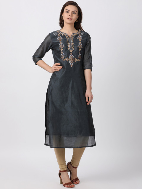 

Alena Women Grey Solid Straight Chanderi Silk Kurta