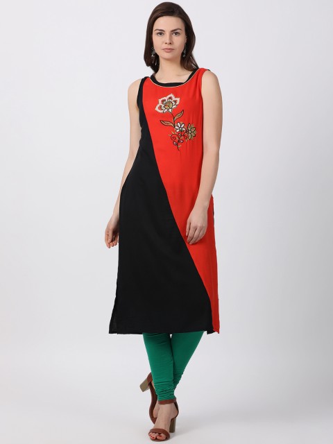 

Alena Women Orange & Black Embroidered Straight Kurta