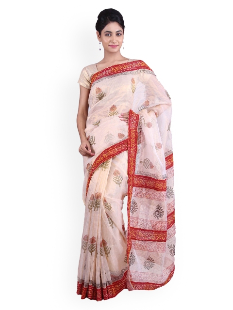 

Geroo Jaipur Beige & Red Tissue Woven Kota Sustainable Saree