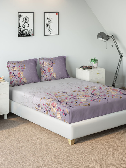 

DDecor Purple Floral 144 TC Cotton 1 King Bedsheet with 2 Pillow Covers