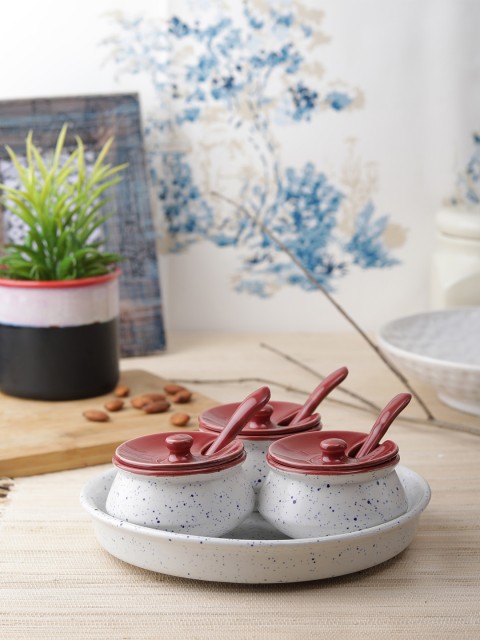 

VarEesha Set of 3 White & Red Ceramic Jars with Tray