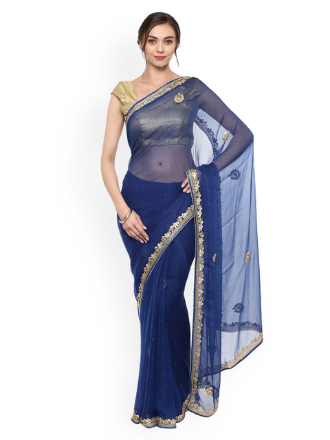 

Geroo Jaipur Blue Woven Design Pure Chiffon Saree