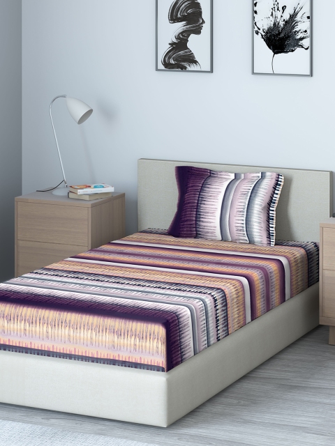 

DDecor Purple Striped 140 TC Cotton 1 Single Bedsheet with 1 Pillow Covers