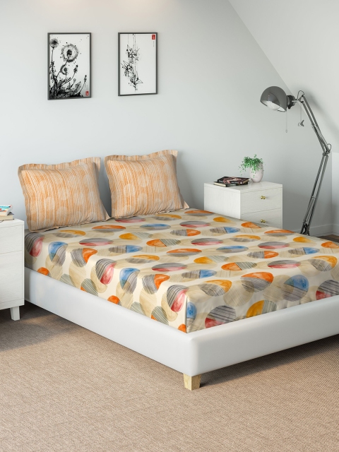 DDecor Orange Abstract 144 TC Cotton 1 King Bedsheet with 2 Pillow Covers
