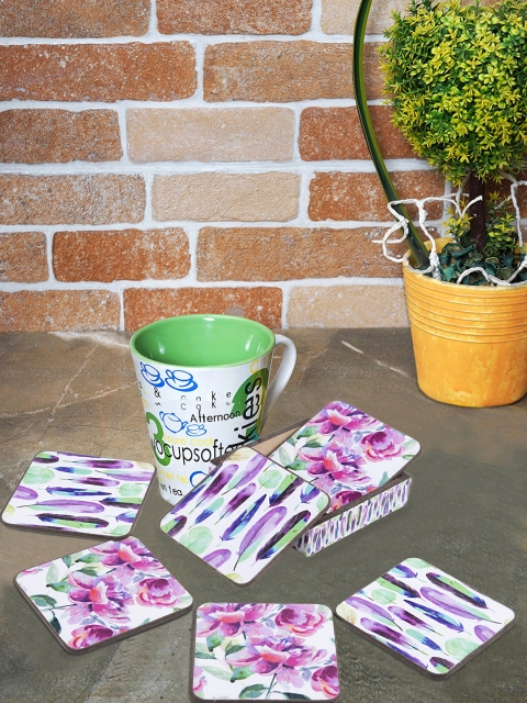 

HOUZZCODE Unisex Set of 6 Multicoloured Printed Coasters with Stand, Multi