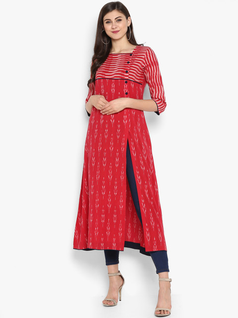 

Janasya Women Red Printed A-Line Kurta