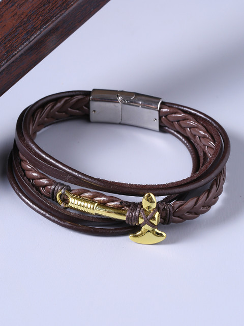

Dare by Voylla Men Gold-Toned & Black Leather Brass-Plated Handcrafted Wraparound Bracelet