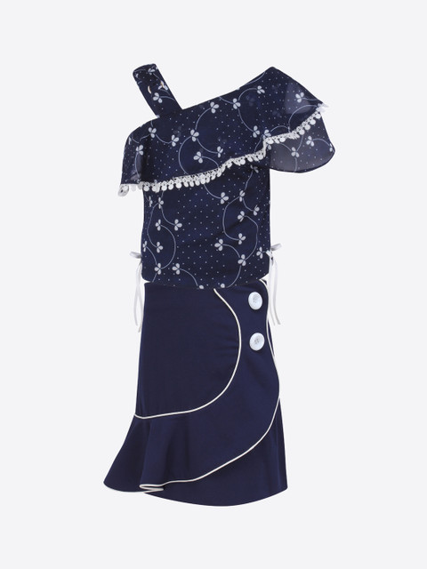 

CUTECUMBER Girls Navy Blue & White Printed Top with Skirt