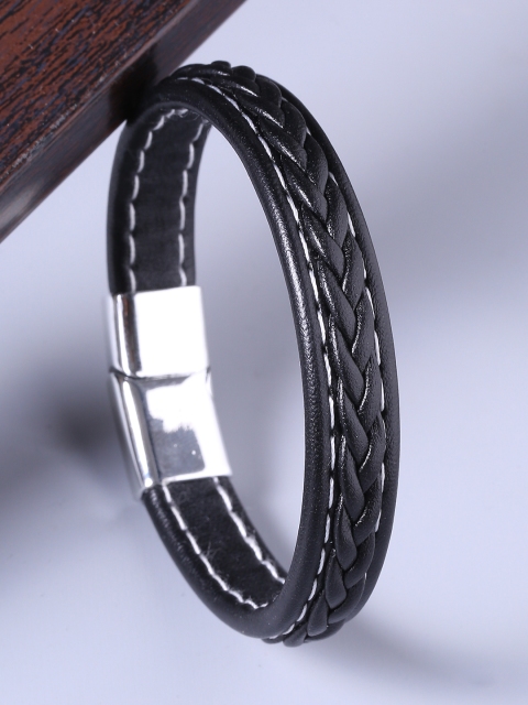 

Dare by Voylla Men Silver-Plated & Black Leather Handcrafted Wraparound Bracelet