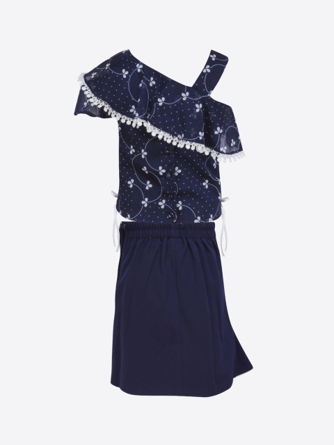 

CUTECUMBER Girls Navy Blue & White Printed Top with Skirt