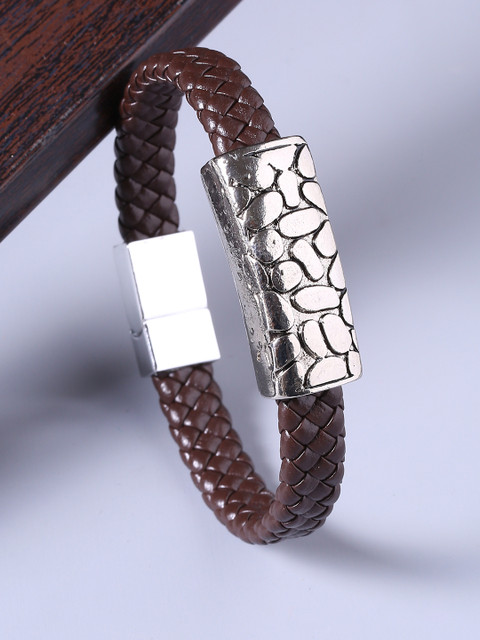 

Dare by Voylla Men Brown & Silver-Plated Leather Handcrafted Wraparound Bracelet