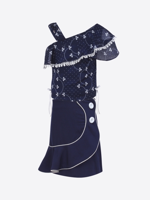 

CUTECUMBER Girls Navy Blue & White Printed Top with Skirt