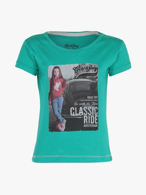 

Gini and Jony Girls Green Printed Round Neck T-shirt