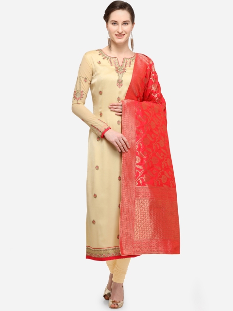 

mf Cream-Coloured & Pink Poly Georgette Semi-Stitched Dress Material
