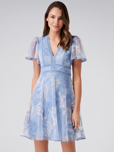 Forever New Women Blue Self Design Fit and Flare Dress