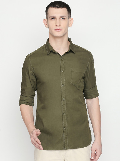 

BYFORD by Pantaloons Men Olive Green Slim Fit Solid Casual Shirt