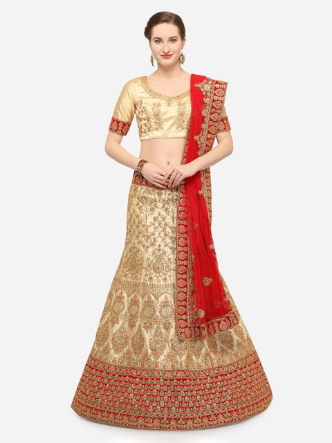 

V SALES Beige Semi Stitched Embroidered Silk Lehenga & Unstitched Blouse with Dupatta