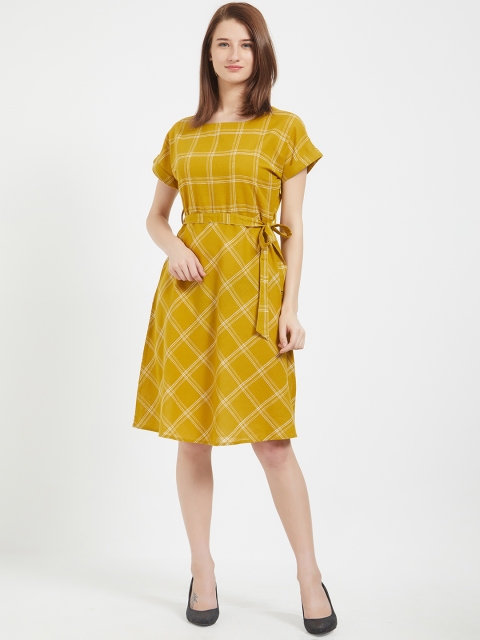 

109F Women Mustard Yellow Checked A-Line Dress