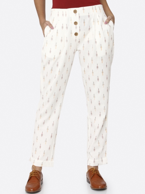 

RAISIN Women White Regular Fit Printed Regular Trousers