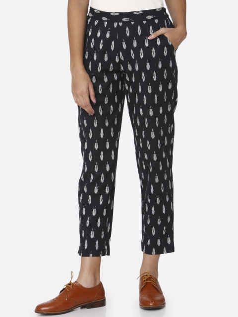 

RAISIN Women Navy Blue Regular Fit Printed Regular Trousers