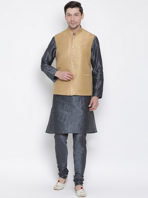 

VASTRAMAY Men Grey Self Design Kurta with Churidar & Jacket