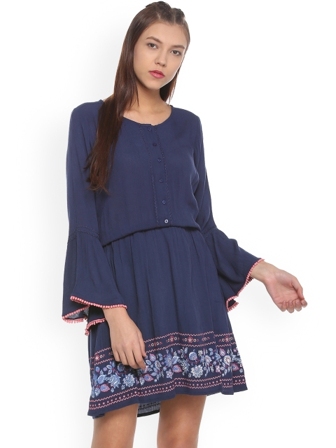 

People Women Blue Printed Fit and Flare Dress