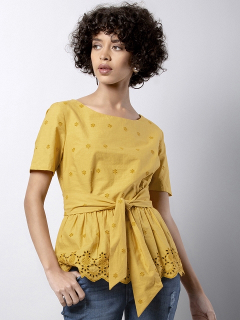 

FabAlley Women Yellow Self Design PeplumTop