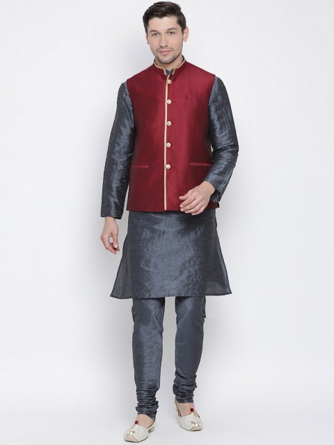 

VASTRAMAY Men Grey & Maroon Self Design Kurta with Pyjamas & Jacket