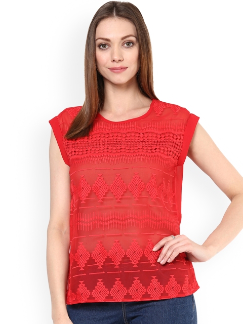 

109F Women Red Self Design Lace Top