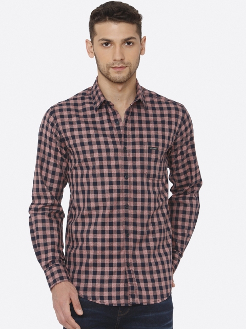 

Mufti Men Peach-Coloured & Navy Blue Slim Fit Checked Casual Shirt