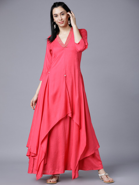 

Vishudh Women Pink Solid A-Line Kurta