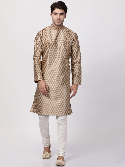 

VASTRAMAY Men Gold-Coloured & White Self Design Kurta with Pyjamas