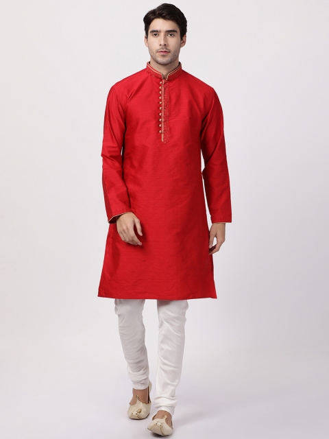 

VASTRAMAY Men Red & Cream-Coloured Solid Kurta with Churidar
