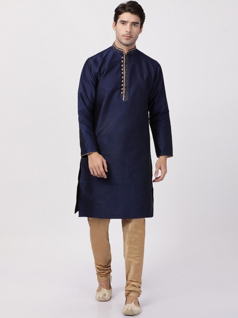 

VASTRAMAY Men Navy Blue & Beige Solid Kurta with Pyjamas