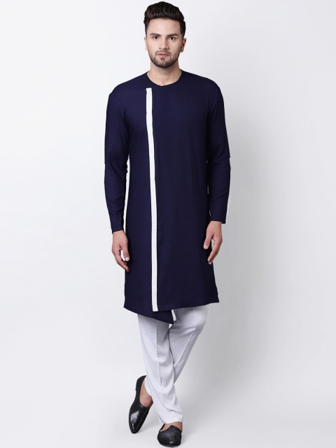 

I Know Men Navy Blue & White Colourblocked Asymmertric Straight Kurta