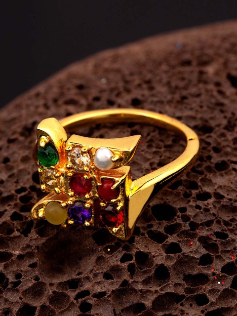 

Dare by Voylla Men Gold-Toned CZ Stones Stuuded Handcrafted Finger Ring