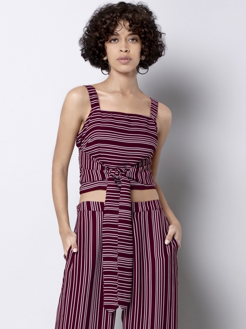 

FabAlley Women Maroon & White Striped Cinched Waist Crop Top