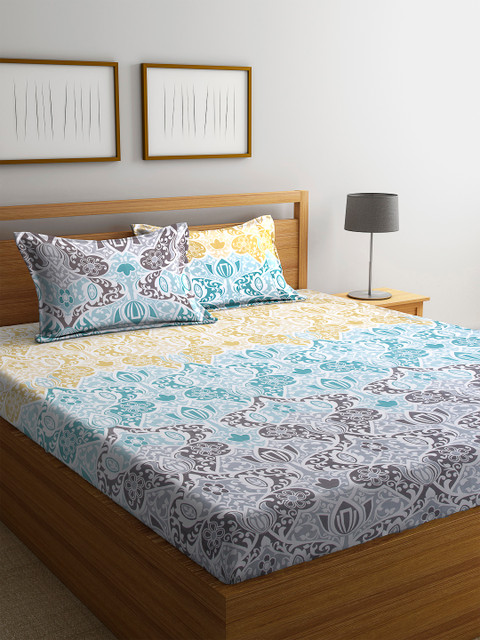 

BOMBAY DYEING Blue Ethnic Motifs 300 TC Cotton 1 King Bedsheet with 2 Pillow Covers