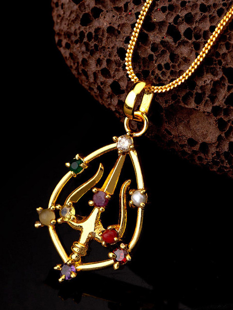 

Dare by Voylla Men Gold-Plated & Multicoloured CZ-Studded Trishul-Shaped Pendant With Chain
