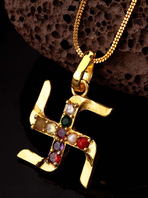 

Dare by Voylla Men Gold-Plated & Multicoloured CZ-Studded Swastik-Shaped Pendant With Chain