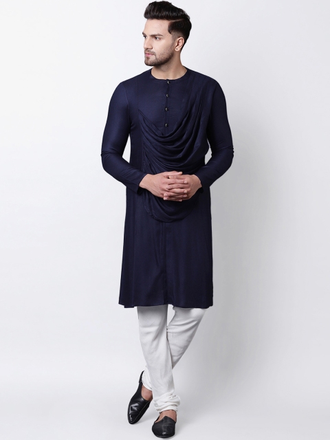 

I Know Men Navy Blue & White Solid Kurta with Churidar