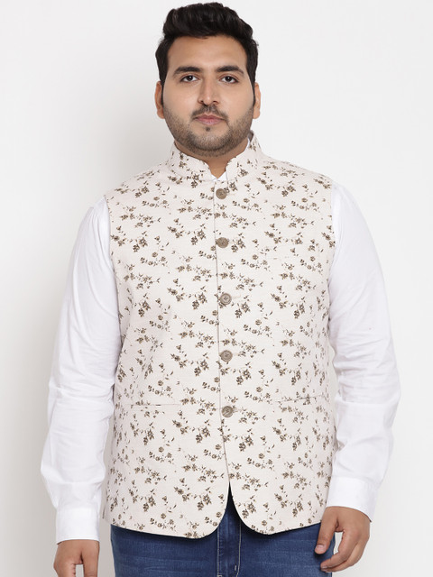 

John Pride Plus Size Cream-Coloured Floral Printed Damask Nehru Jacket
