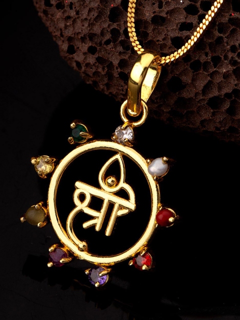 

Dare by Voylla Men Gold-Plated & Multicoloured CZ-Studded Circular-Shaped Pendant With Chain