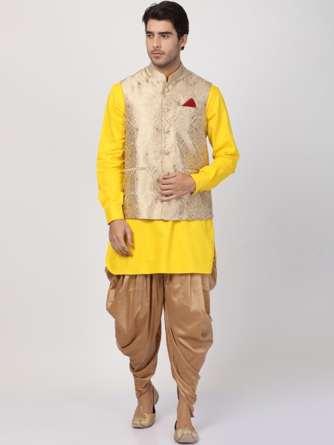 

VASTRAMAY Men Yellow & Copper-Coloured Self Design Kurta with Dhoti Pants & Jacket