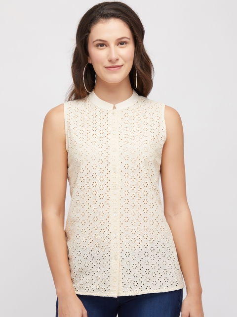 

109F Women Cream-Coloured Embroidered Shirt Style Pure Cotton Top