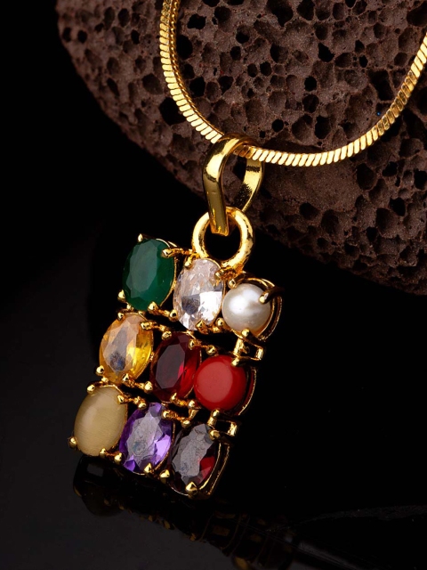 

Dare by Voylla Men Gold-Plated & Multicoloured CZ-Studded Rectangular-Shaped Pendant With Chain