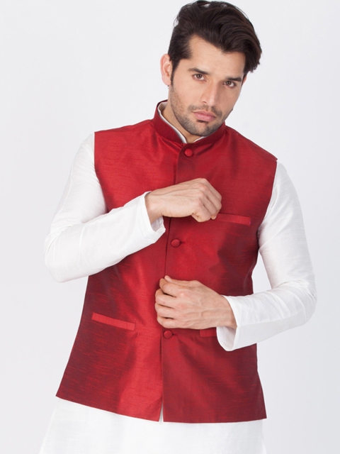 

Vastramay Men Maroon Solid Nehru Jacket