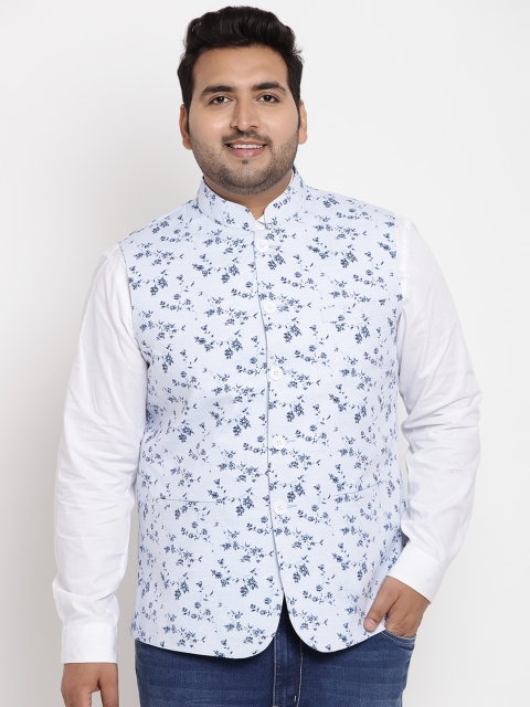 

John Pride Plus Size Men Blue Floral Printed Pure Cotton Nehru Jacket
