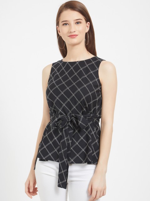 

109F Women Black Checked High-Low Top
