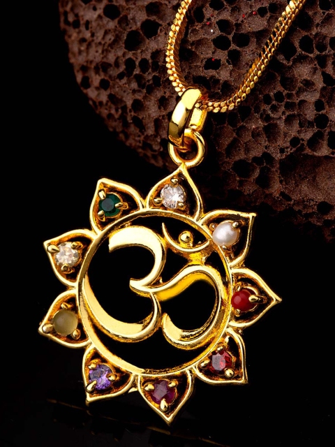

Dare by Voylla Men Gold-Plated & Multicoloured CZ-Studded Floral OM-Shaped Pendant With Chain